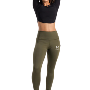 High Waist Olive <b>Green</b> Seamless Yoga <b>Leggings</b> Full Length With Embroidery Logo On Right Leg <b>For</b> <b>Women</b> - Product Image 1