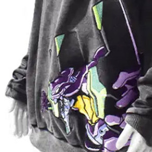 เสื้อฮู้ดดี้โอเวอร์ไซส์ผู้ชายสไตล์วินเทจสีดำฟอกยีนส์ ผ้าฟลีซผสมสแปนเด็กซ์/คอตตอน ลายอนิเมะ EVA Unit 01 สไตล์ฮิปฮอป - Product Image 6