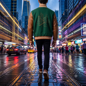 <b>Men's</b> Green Varsity <b>Jacket</b> With Brown <b>Leather</b> Sleeves Turn-down Collar Button Closure Autumn Casual Outerwear Regular Fit - Product Image 3