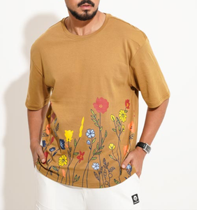 T-shirt pour homme à imprimé floral, coupe ample et épaules tombantes, en tissu tricoté respirant épais 240 GSM 100% coton, logo personnalisé OEM - Product Image 1