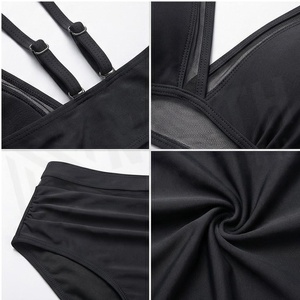 Women's Black 2 Piece <b>Bikini</b> <b>Set</b> Deep V Neck Mesh Trim High Waist Swimwear Stretch Nylon Spandex Solid Color - Product Image 4