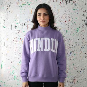 Sudadera de cuello alto con estampado hindi, morada, holgada, de punto, informal, unisex, estilo otoño, URBAN PRODUCTIONS - Product Image 1