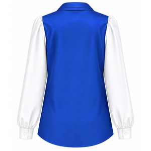 Blusa Azul Satinada de la Hermandad Zeta Phi Beta con Cuello de Lazo y Logotipo Bordado, Blusa Moderna con Mangas Abullonadas para Mujer - Product Image 3