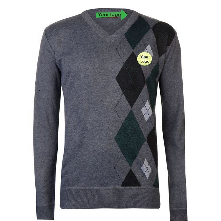 Men's Winter 2021 Latest Intarsia V-Neck Thin Wool Pullover Sweater Standard Nylon/Acrylic Knitted Quick Dry Anti-Pilling
