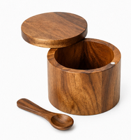 Boîte à sel en bois d'acacia naturel, écologique, sans danger pour les aliments, avec couvercle pivotant et cuillère, finition mate lisse, capacité 201-300 ml