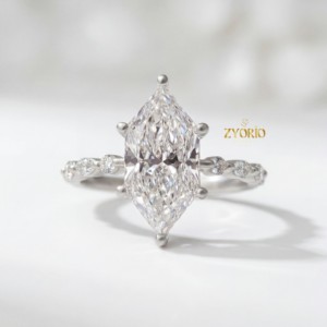 Anillo de compromiso y boda clásico con diamantes marquesa y detalles laterales, diamante cultivado en laboratorio, oro macizo de 14K, moderno para mujer - Product Image 2