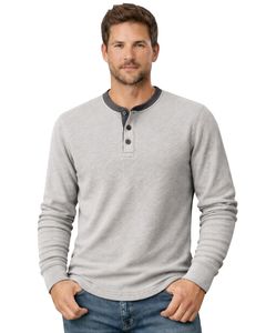 Mens Waffle Henley Long Sleeve <b>Thermal</b> T Shirt Light Grey Casual Button Neck Winter Wear <b>Top</b> Cotton Slim Fit Breathable Fabric - Product Image 1