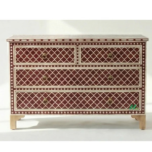 Commode à 4 tiroirs en os incrusté rouge, traditionnelle, faite à la main, pour chambre à coucher - Product Image 1