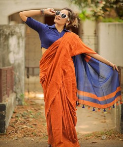 Sari Reversible de Algodón Azul y Naranja, Vestido Tradicional Indio Informal para Mujer, Largo hasta el Suelo, Corte Regular, para Todas las Temporadas - Product Image 1