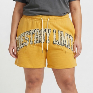 Shorts de survêtement amples en molleton 100 % coton pour femme grande taille, avec broderie effet usé et taille à cordon, décontractés pour l'hiver - Product Image 1