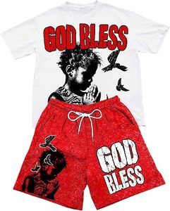 Ensemble T-shirt et short gris pour homme God Bless avec impression photo et texte rouge et blanc, tenue décontractée, coupe classique, col rond, manches courtes - Product Image 2