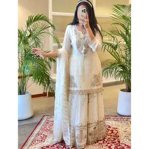 เสื้อพาลาซโซปักลายลำดับชินออนจากดีไซเนอร์พร้อม dupatta สีขาว - Product Image 1