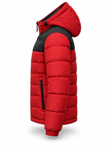 Men's <b>Red</b> <b>Hooded</b> Puffer <b>Jacket</b> Winter Waterproof Windproof Casual Zipper Polyester Wadding Regular Length Color Blocking Custom - Product Image 3