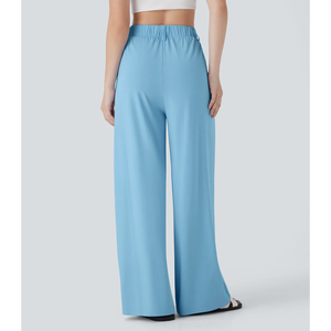 Pantalones Anchos Plisados de Cintura Alta para Mujer, Color Sólido, Corte Holgado, Tela Crepé, Casuales de Verano, Largos, Cintura Elástica, Azul - Product Image 2
