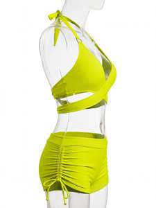 Women's Neon Green Two Piece <b>Bikini</b> <b>Set</b> Crossed Halter Top With Cut-Out Shorts Swimwear Beach Wear Summer Swim Suit Beach - Product Image 3