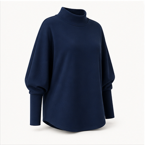 Sweat-shirt personnalisé bleu foncé pour femme, col montant, manches chauve-souris, poignets larges, ourlet incurvé, tunique WSS-0035 - Product Image 3