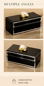 <b>Black</b> Glass Jewelry Storage Box with Gold Plated Natural Stone Knob Glossy Finish Decorative Keepsake and Vanity Organizer - Product Image 4