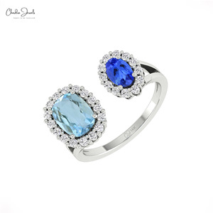 Nuevo Anillo de Doble Halo con Aguamarina y Tanzanita de Corte Cojín de 8x6mm en Oro Sólido de 14K, Fabricante de Joyería ODM - Product Image 2