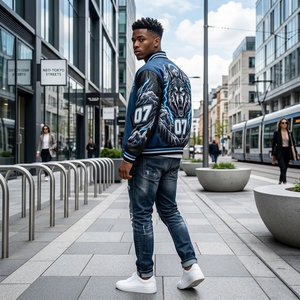 Chaqueta Bomber Acolchada Azul Marino Personalizada con Diseño de Lobo para Hombre, Gráfico de Rayo, Estilo Racing, Streetwear, Ropa de Equipo, Chaqueta OEM Moderna - Product Image 4
