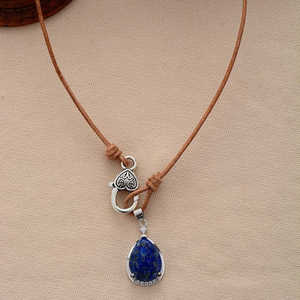 Collier unisexe en cristal avec pendentif goutte d'eau en lapis-lazuli rétro simple sur cordon en cuir de vachette pour usage quotidien - Product Image 3
