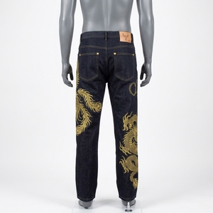 Jean en denim à jambe droite et taille haute pour homme, avec broderie de dragon et de phénix dorés, style chinois, vêtements d'automne - Product Image 5