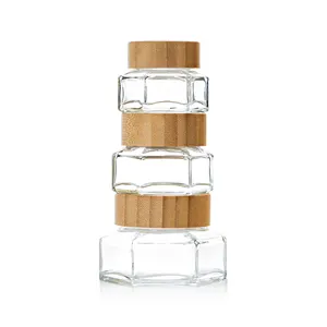 30Ml 50Ml 100Ml Zeshoekige Glazen Potten Voor Cosmetica Huidverzorging Gezichtscrème Containers Met Bamboe Schroefdeksel