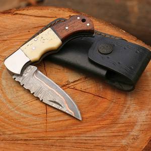 Cuchillo Plegable de Acero Damasco y Cobre con Bloqueo Trasero, Funda de Madera, Personalizado Cu Mai, para Bolsillo, EDC, Caza, Camping, OEM - Product Image 2