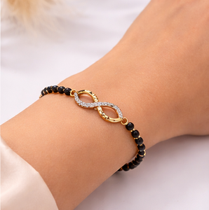 18K Yellow <b>Gold</b> Infinity Diamond Mangalsutra <b>Bracelet</b> Black <b>Beads</b> Lab Grown Accents Traditional Symbolic Luxury Wristband - Product Image 6