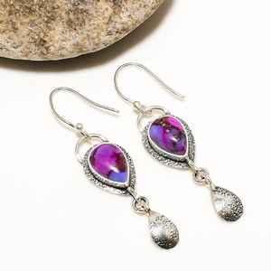Pear Shape Copper <b>Purple</b> Turquoise Gemstone <b>Earrings</b> 925 Sterling Silver Vintage Style Handmade Jewelry Gift For Women - Product Image 6