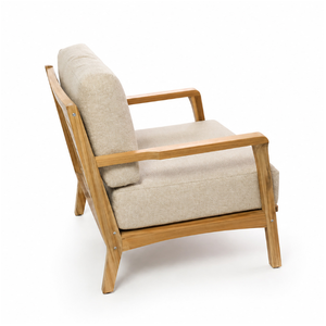 Fauteuil lounge individuel en bois minimaliste moderne, structure en bois naturel, coussins crème clair, durable, écologique, pour salon ou hôtel - Product Image 1