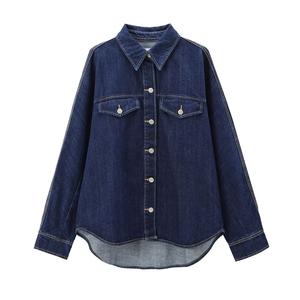 Camisa de Mezclilla para Mujer, Blusa de Manga Larga con Botones, Top Informal de Corte Regular, Azul, Elegante, con Bolsillos, Estampado, Transpirable, para Verano - Product Image 4