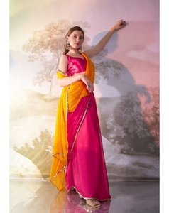 Sari KV de Georgette Rosa con Bloques de Color y Blusa sin Coser - Product Image 2