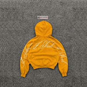 Men's GOLD Oversized Hooded <b>Zip</b>-<b>Up</b> Sweatshirt Solid Color Cotton French Terry Casual Autumn Wear <b>White</b> Print on Sleeve TOP SALE - Product Image 6