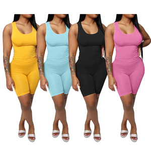 Women's Backless <b>Square</b> Collar Sleeveless Solid Color Knitted Spandex/Nylon 2-Piece Shorts <b>Set</b> Regular Fit Sporty Summer Wear - Product Image 1
