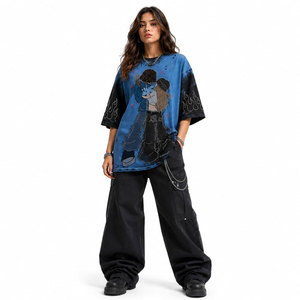 Men's Oversized Tie-Dye T-<b>Shirt</b> With Rhinestone Character Print And <b>Flame</b> Details O-Neck Short Sleeve Street Style Jersey Fit - Product Image 4