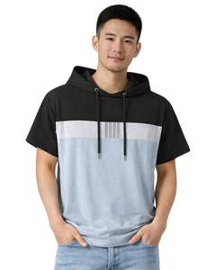 T-shirt à capuche à manches courtes pour homme, color block, en coton doux, noir, blanc, bleu clair, décontracté, streetwear d'été - Product Image 1