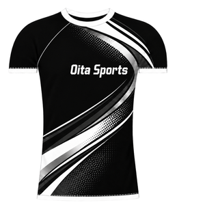 Camiseta Deportiva de Compresión Personalizada en Blanco y Negro, Manga Corta, Cuello Redondo, Diseño de Ondas, para Entrenamiento Deportivo - Product Image 1