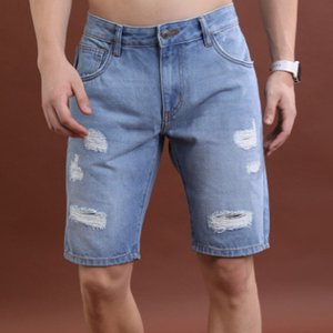 Pantalones Cortos de Mezclilla Desgastados para Hombre, de Alta Demanda, a la Moda, Azules, Casuales, de Algodón, Estilo Urbano, Ajustados, Ropa de Verano, Hip Hop - Product Image 1