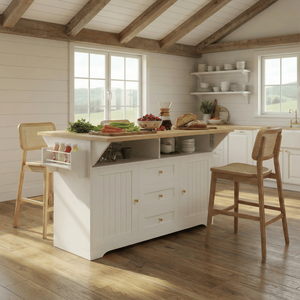 Large <b>Kitchen</b> Island with 2 Drop Leaf Rolling <b>Kitchen</b> Cart on 5 Wheels Power Outlet <b>Folding</b> Storage Dining <b>Table</b> for Spic - Product Image 1