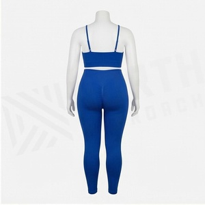 Ensemble de yoga bleu 2 pièces : Leggings taille haute longueur intégrale et crop top à col en V et bretelles spaghetti, sans couture, extensible, pour le sport - Product Image 2