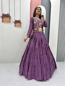 Purple Georgette Bandhej Lehenga Choli With Mirror Work Cotton <b>Jacket</b> Ribbon Work Navratri Festival Wear Set - Product Image 1