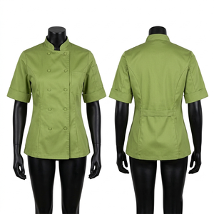 Women Chef Coat 220 GSM Breathable Poly Cotton <b>Lime</b> <b>Green</b> Black Collar Short Sleeve Embroidered Kitchen Uniform Hotel Catering - Product Image 4