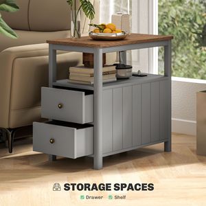 Tavolino Laterale Grigio con Stazione di Ricarica e Porte USB, Tavolino Stretto con Cassetti, Arredamento per Soggiorno - Product Image 5