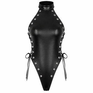 <b>Black</b> Lace up Firm Control <b>One</b> Piece High Neck Monokini <b>Bodysuit</b> Eco-Friendly Beachwear Swimwear - Product Image 1