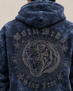 Sweat à capuche oversize personnalisé délavé à l'acide, en molleton de coton 500 GSM, avec motif tigre en strass, style streetwear, vente en gros OEM ODM - Product Image 6