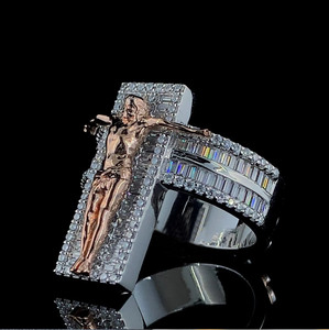 Unique Jesus <b>Cross</b> Men's <b>Ring</b> Hip-Hop Round & Baguette Cut Moissanite Diamond <b>Ring</b> 925 Sterling <b>Silver</b> Two Tone Iced Out Jewelry - Product Image 3