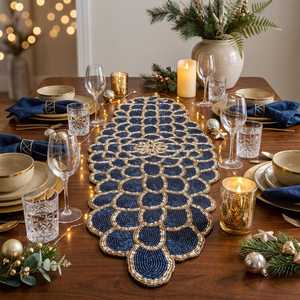 Hand Knitted Navy Blue Polyester/Cotton <b>Table</b> <b>Runner</b> with Embroidered Stripe Pattern Gold Ivory for Wedding Home Luxury Decor - Product Image 2