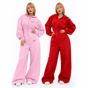Custom 2026 Women Hooded Jumpsuit Fleece Onesie Wide Leg Zip Up <b>Romper</b> Casual Streetwear Lounge Wear Custom Logo Wholesale - Product Image 1
