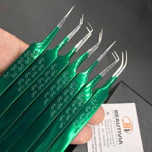 Pinzas de extensión de pestañas de acero inoxidable sostenibles recubiertas de papel verde con mango de impresión de logotipo personalizado con punta puntiaguda - Product Image 2