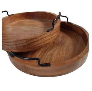 Bandeja Redonda de Madera para Servir con Asas Metálicas, Apilable, Diseño Minimalista, Patrón de Naturaleza Muerta, para Uso Doméstico, Ramadán - Product Image 5